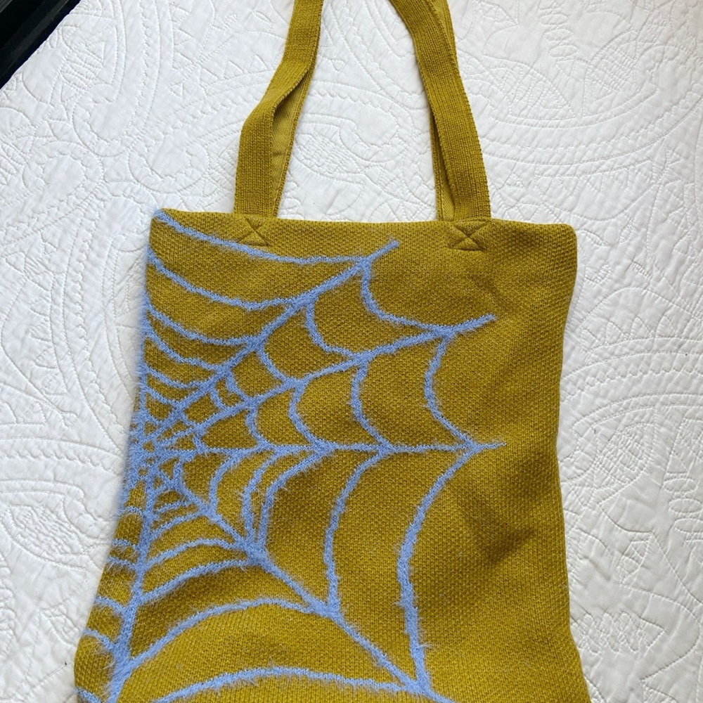 Mustard Yellow Tote Bag with Blue Web Design